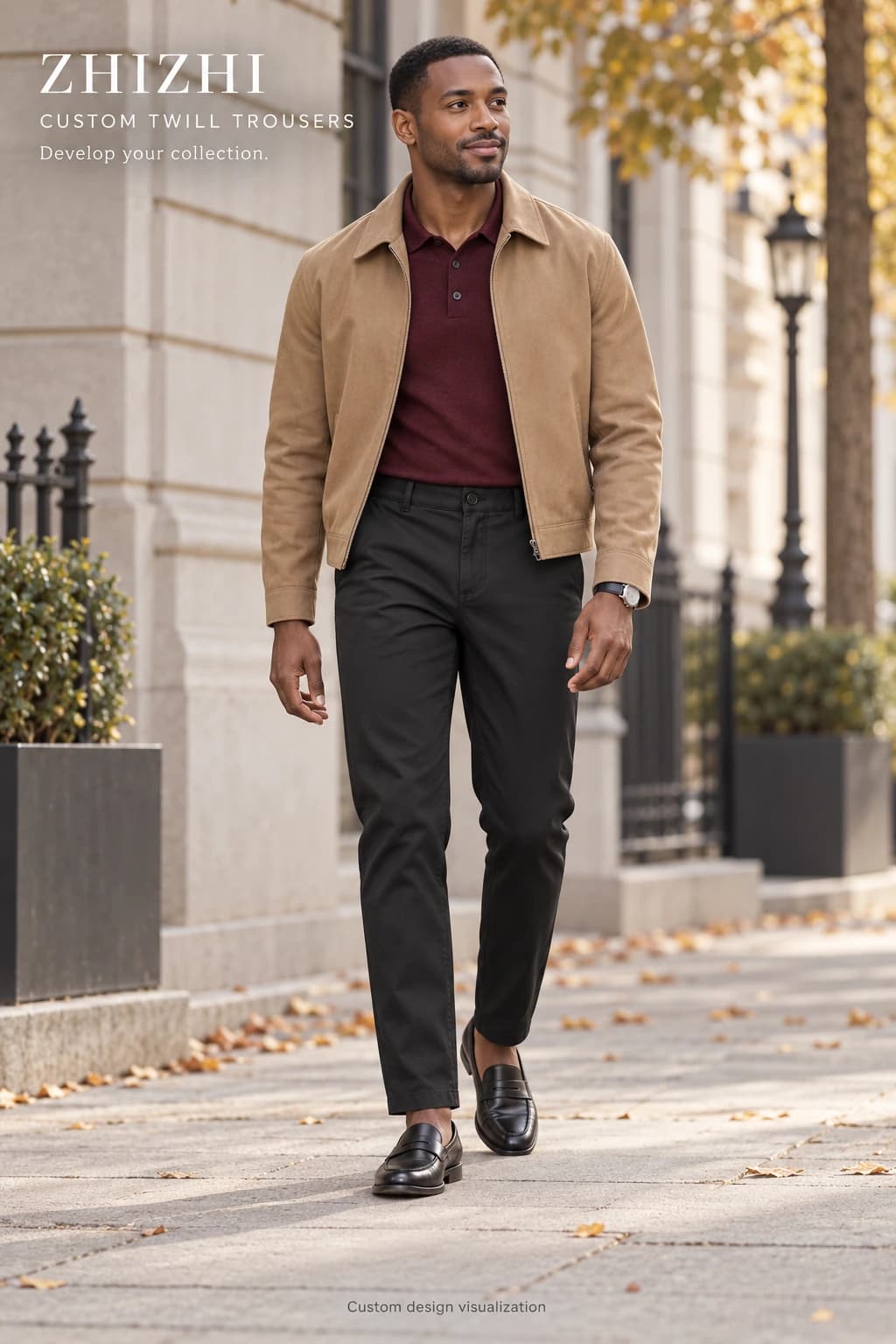 Men's black tapered twill chino design visualization — street-front — original design concept