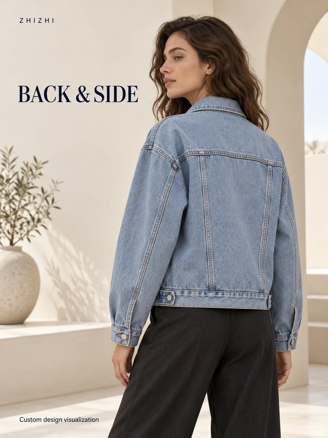 Proposed back and side silhouette of a light-blue denim jacket custom design visualization