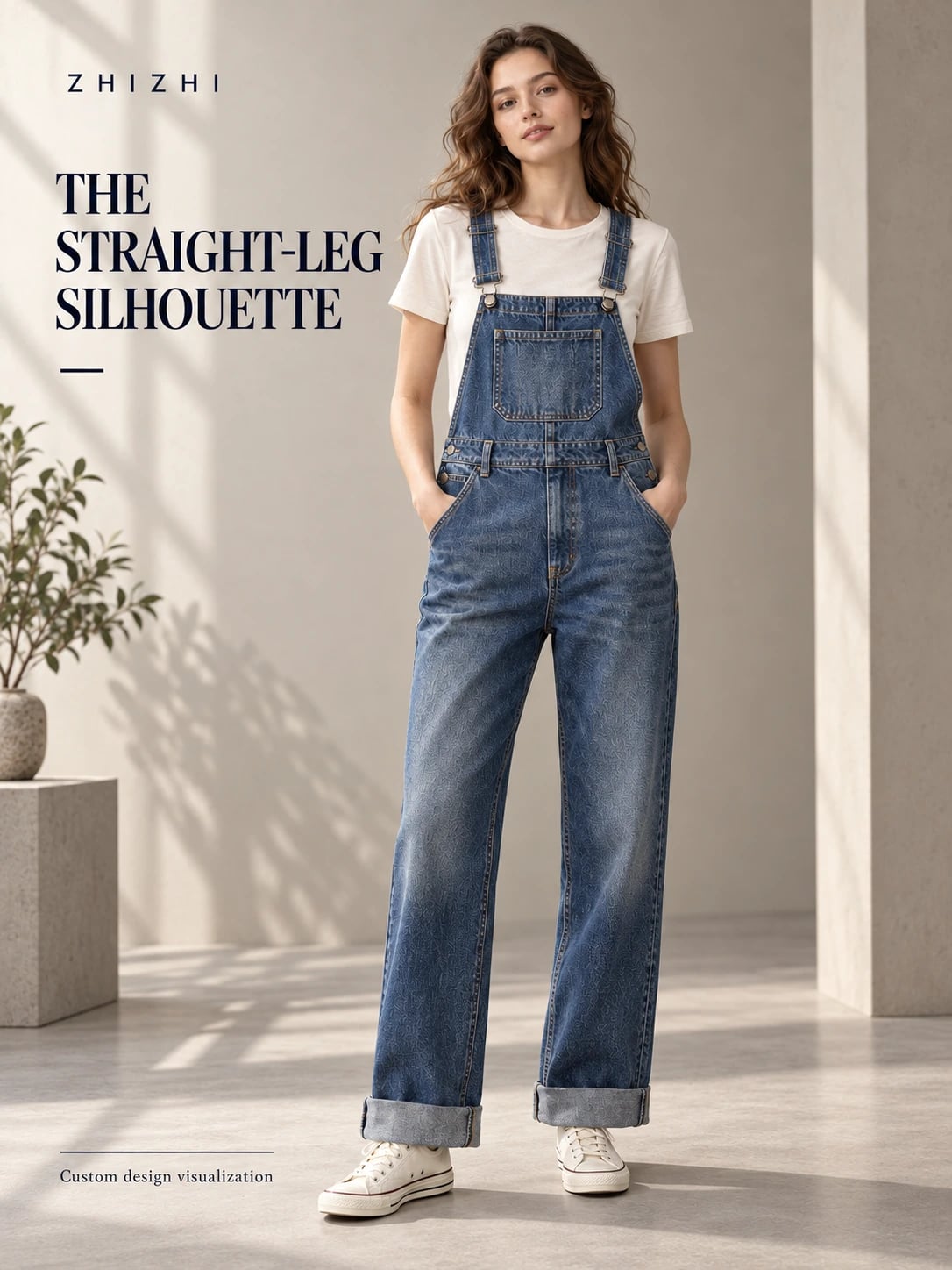 Front view of original relaxed denim overalls design — custom design visualization