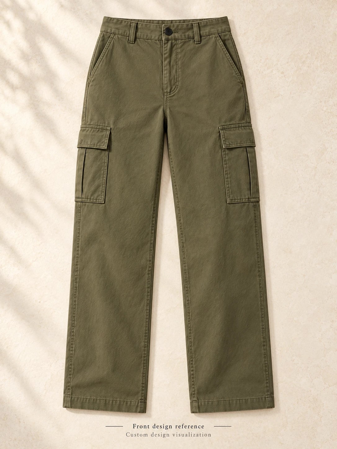 Front silhouette reference for olive straight-leg cargo trousers — custom design visualization