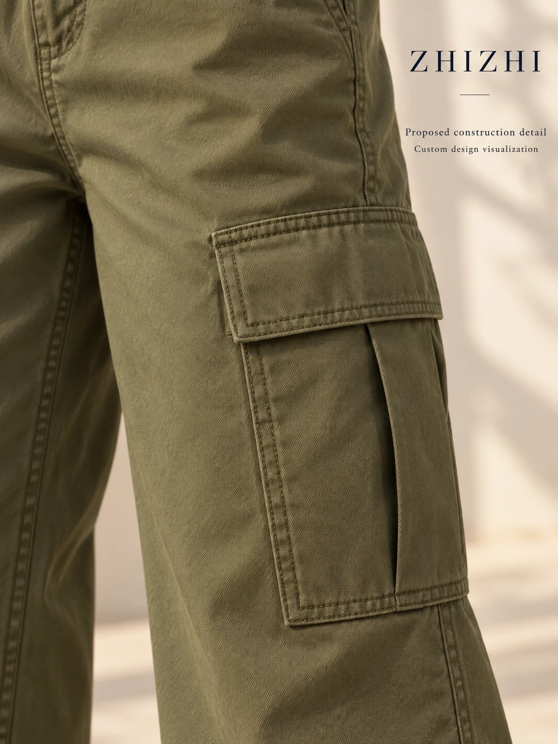 Proposed construction detail for olive straight-leg cargo trousers — custom design visualization