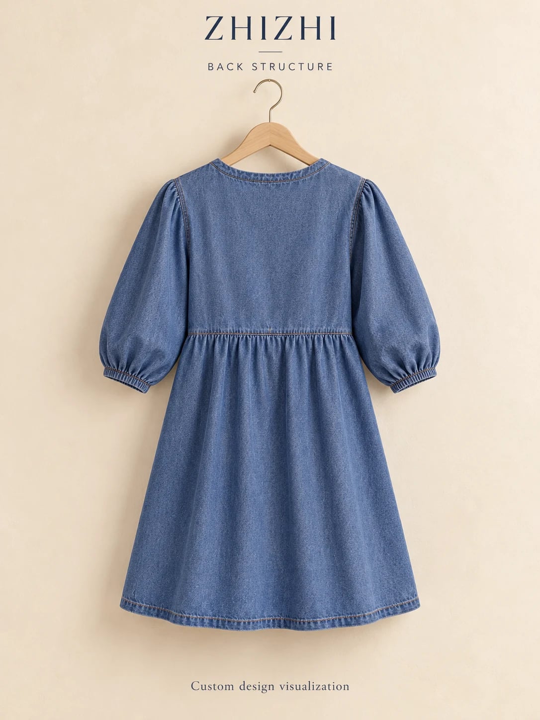 Complete rear structure with gathered sleeves and single A-line skirt — custom design visualization