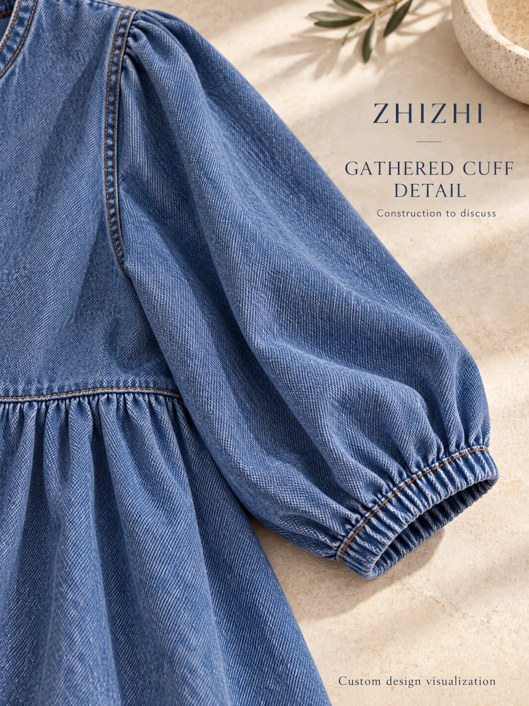 Proposed gathered cuff and waist seam detail — custom design visualization