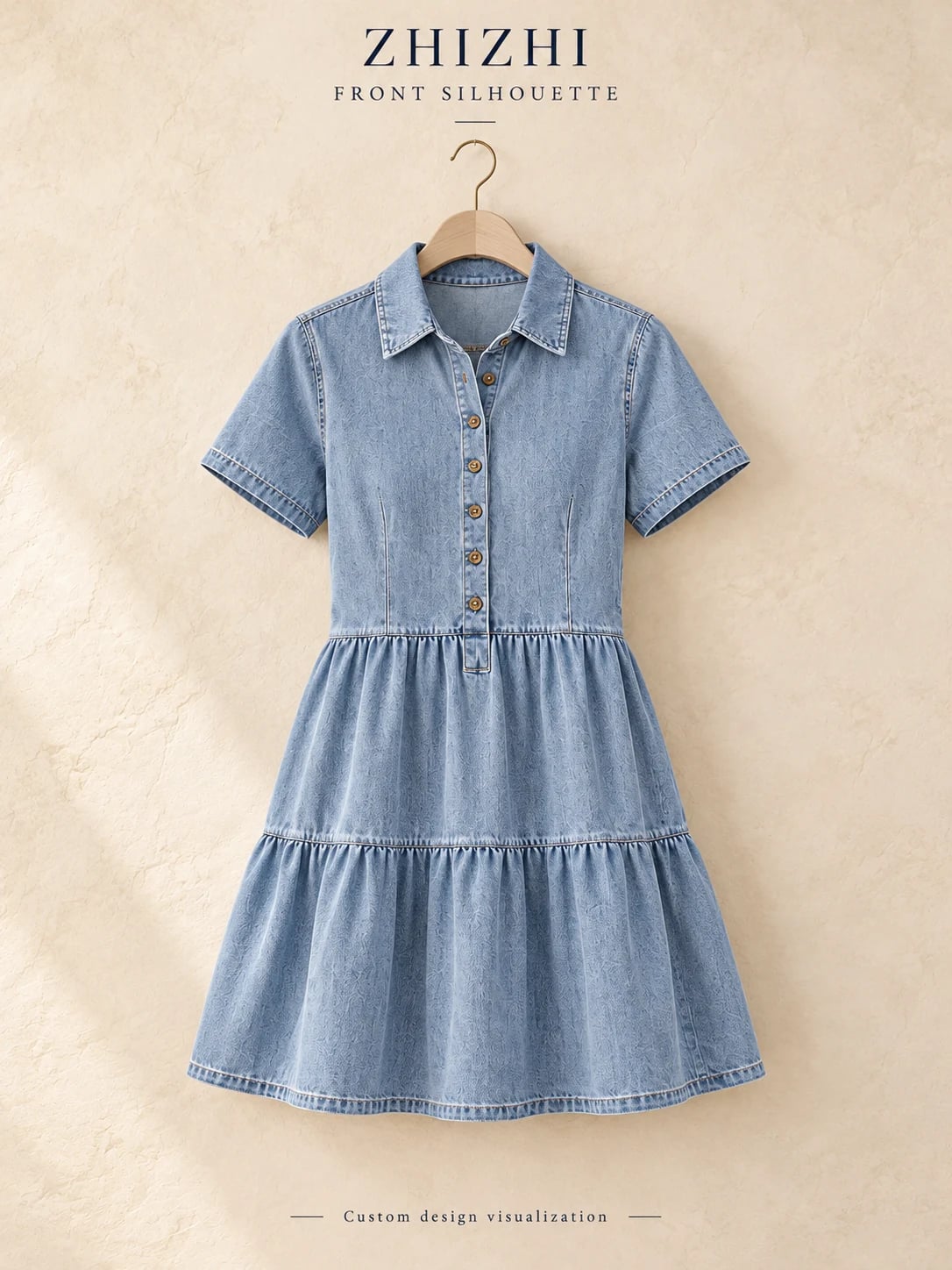 Complete front silhouette of collared short-sleeve tiered dress — custom design visualization