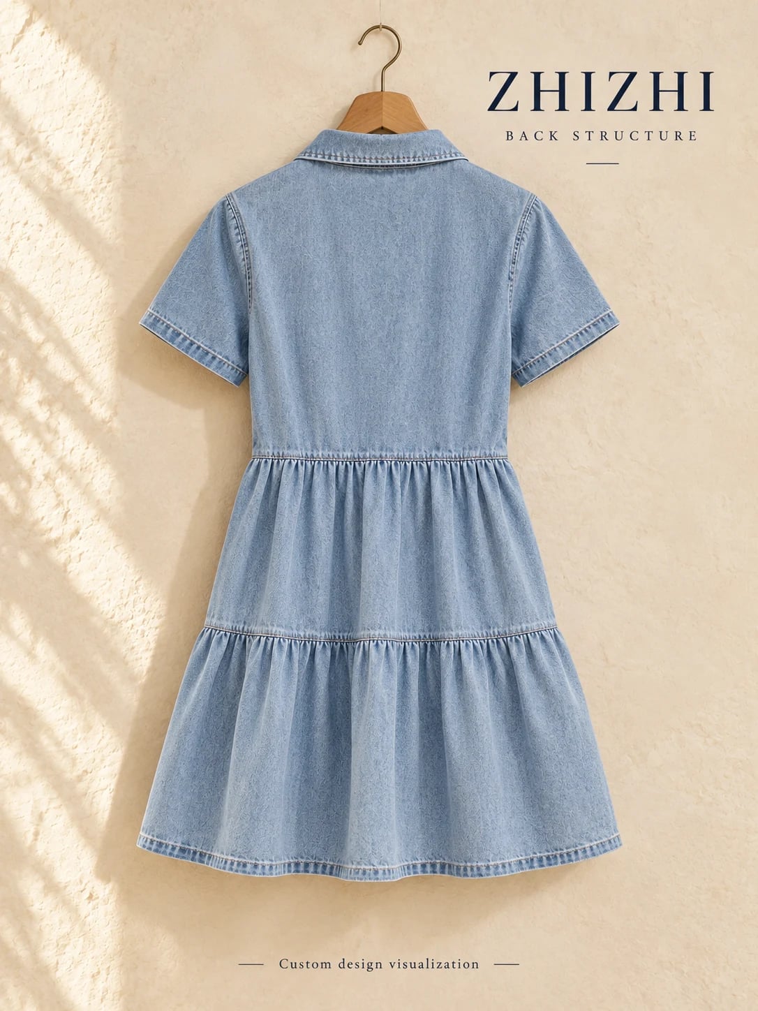 Complete rear structure of light-blue tiered denim dress — custom design visualization
