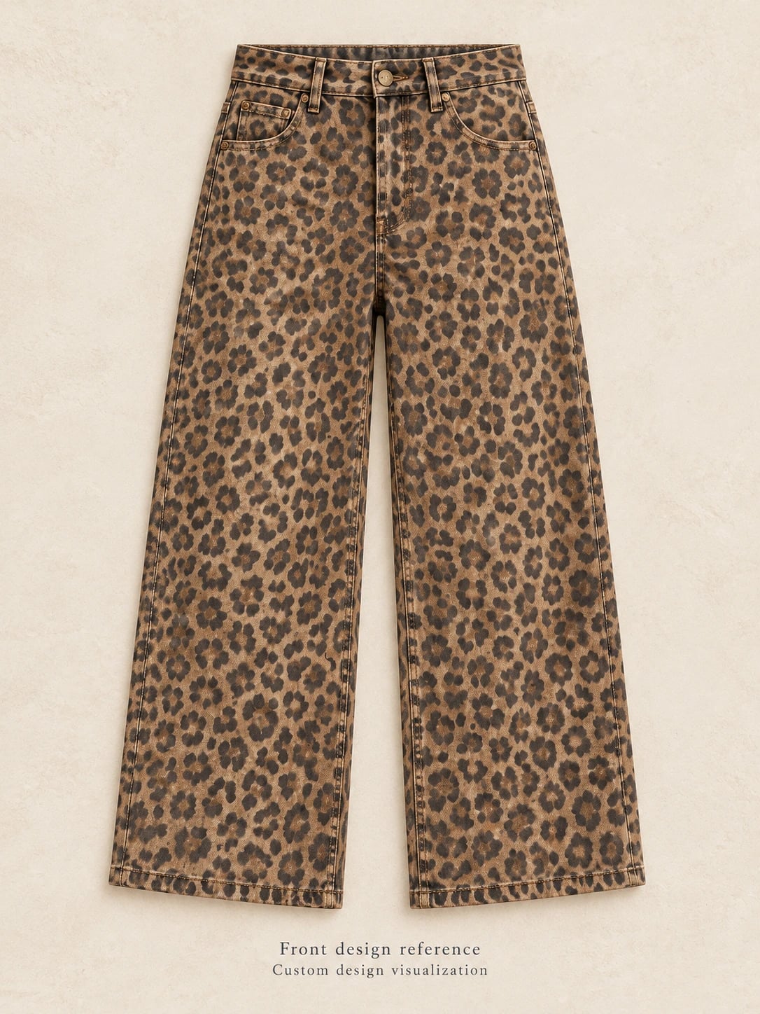 Front silhouette reference for leopard-print wide-leg denim trousers — custom design visualization