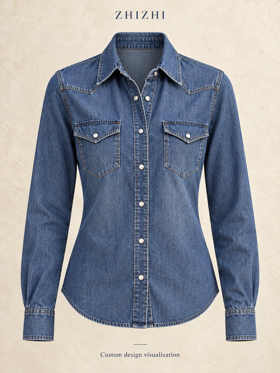Front silhouette with pointed pockets and pearl snaps — custom design visualization