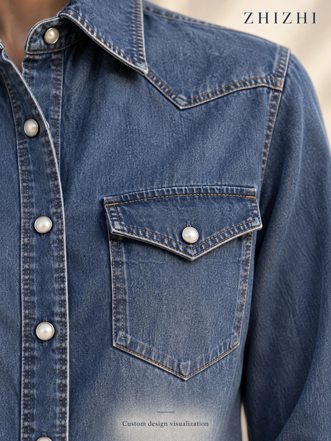 Proposed pointed flap pocket, pearl snap and placket detail — custom design visualization