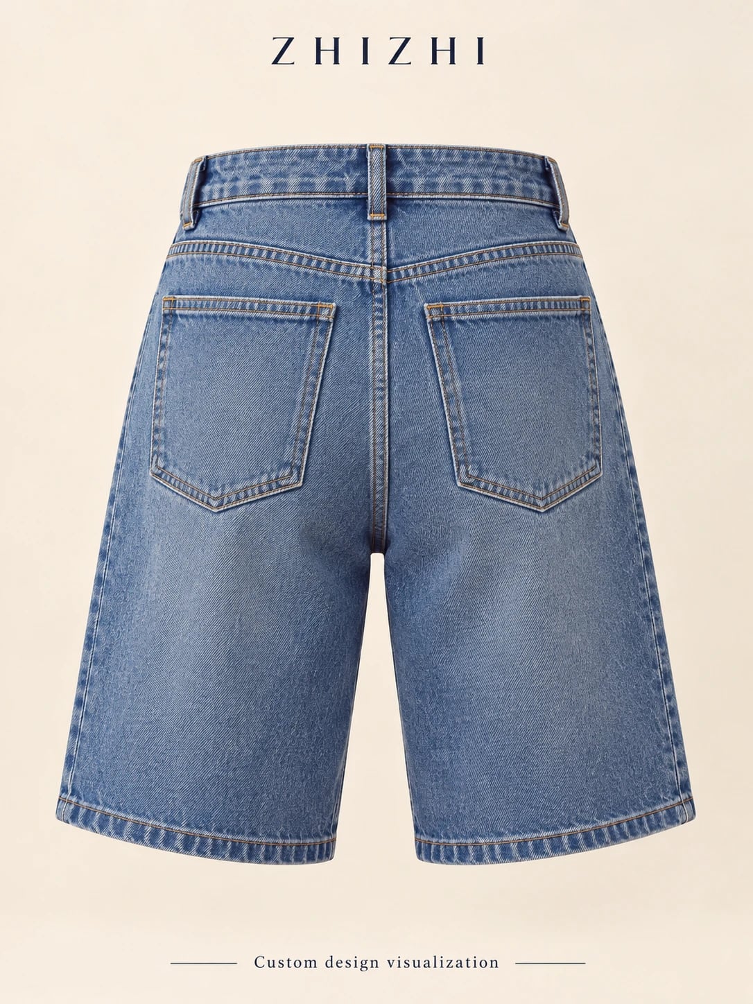 Medium-blue high-waist Bermuda denim shorts: Proposed rear yoke and two patch pockets — custom design visualization