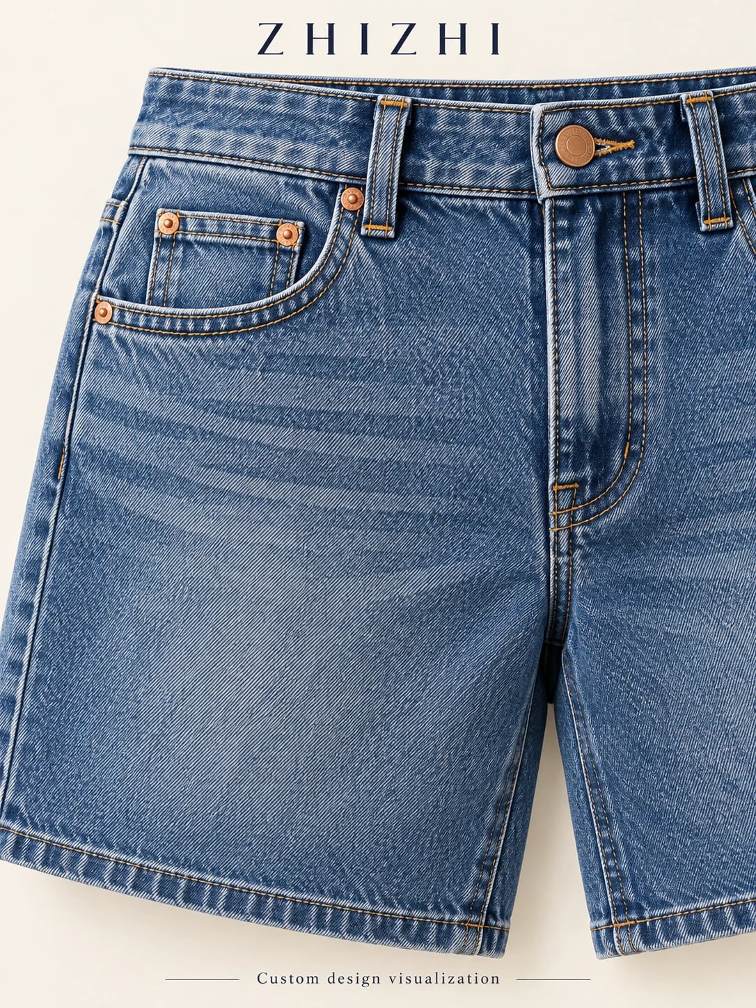 Medium-blue high-waist Bermuda denim shorts: Waist button, coin pocket and concealed fly detail — custom design visualization