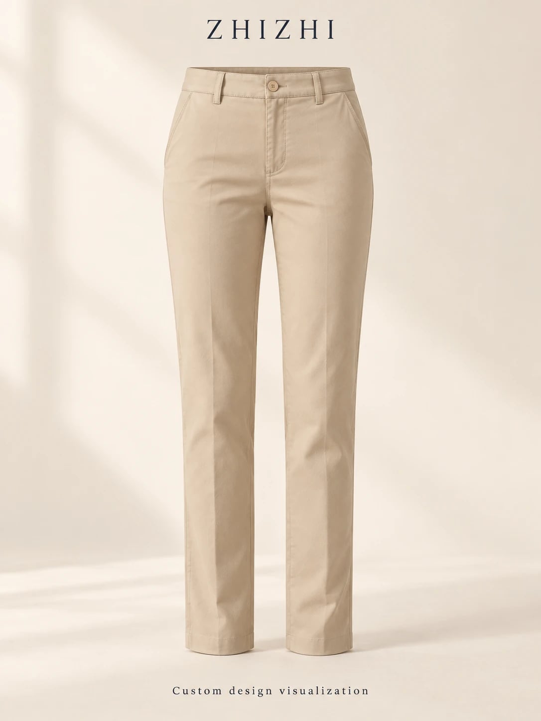 Sand-beige slim straight chino trousers: Full front silhouette with slash pockets and tonal button — custom design visualization