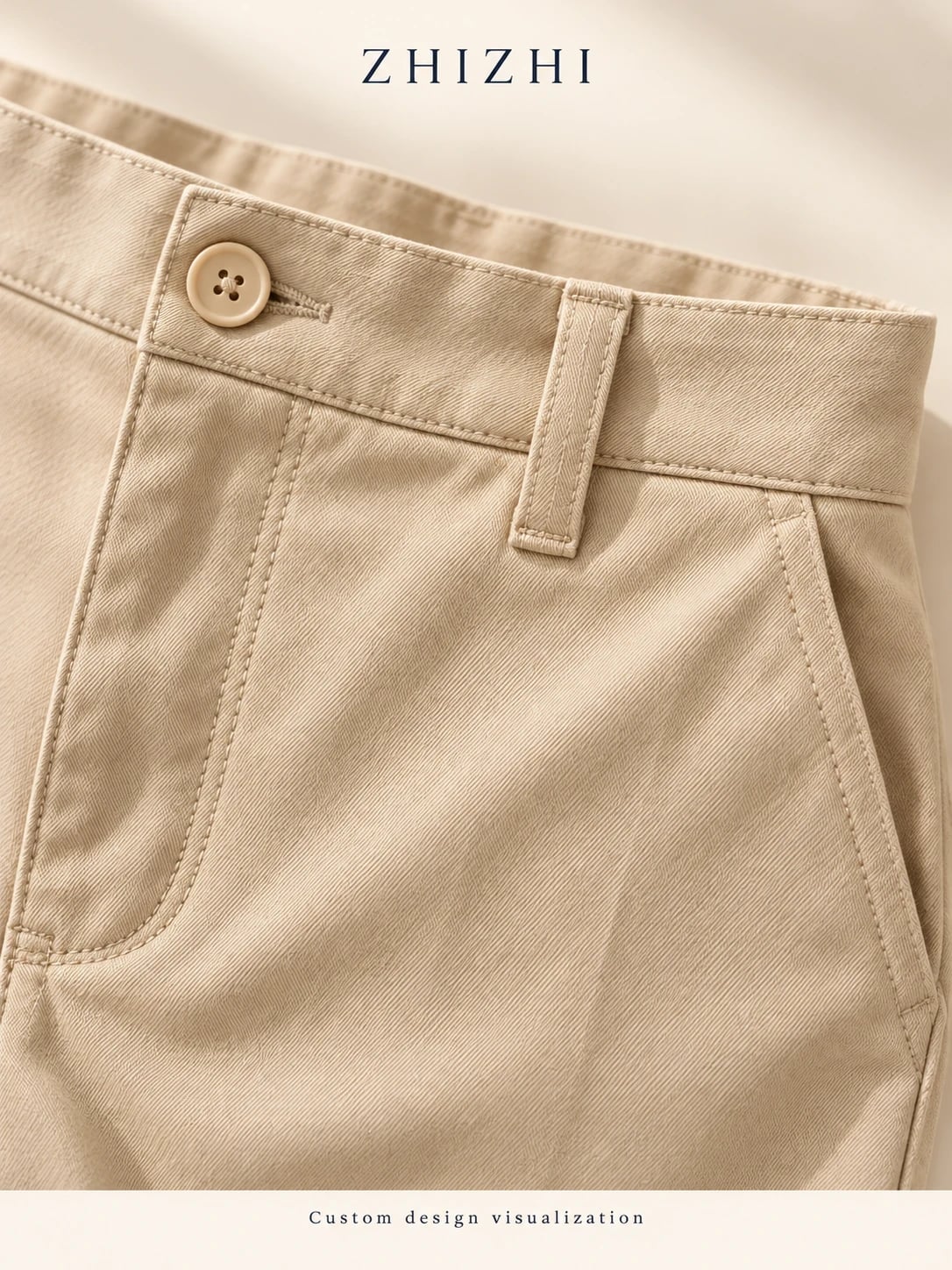 Sand-beige slim straight chino trousers: Tonal waist button, belt loop and slash pocket details — custom design visualization