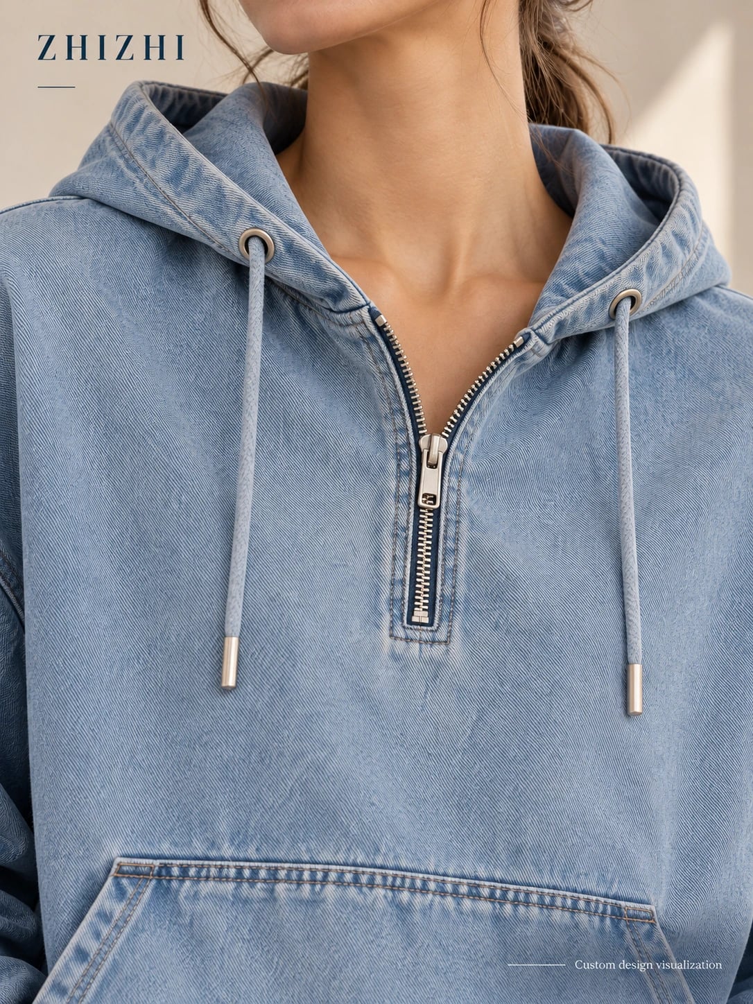 Proposed hood and pocket construction detail — hoodie-halfzip — custom design visualization