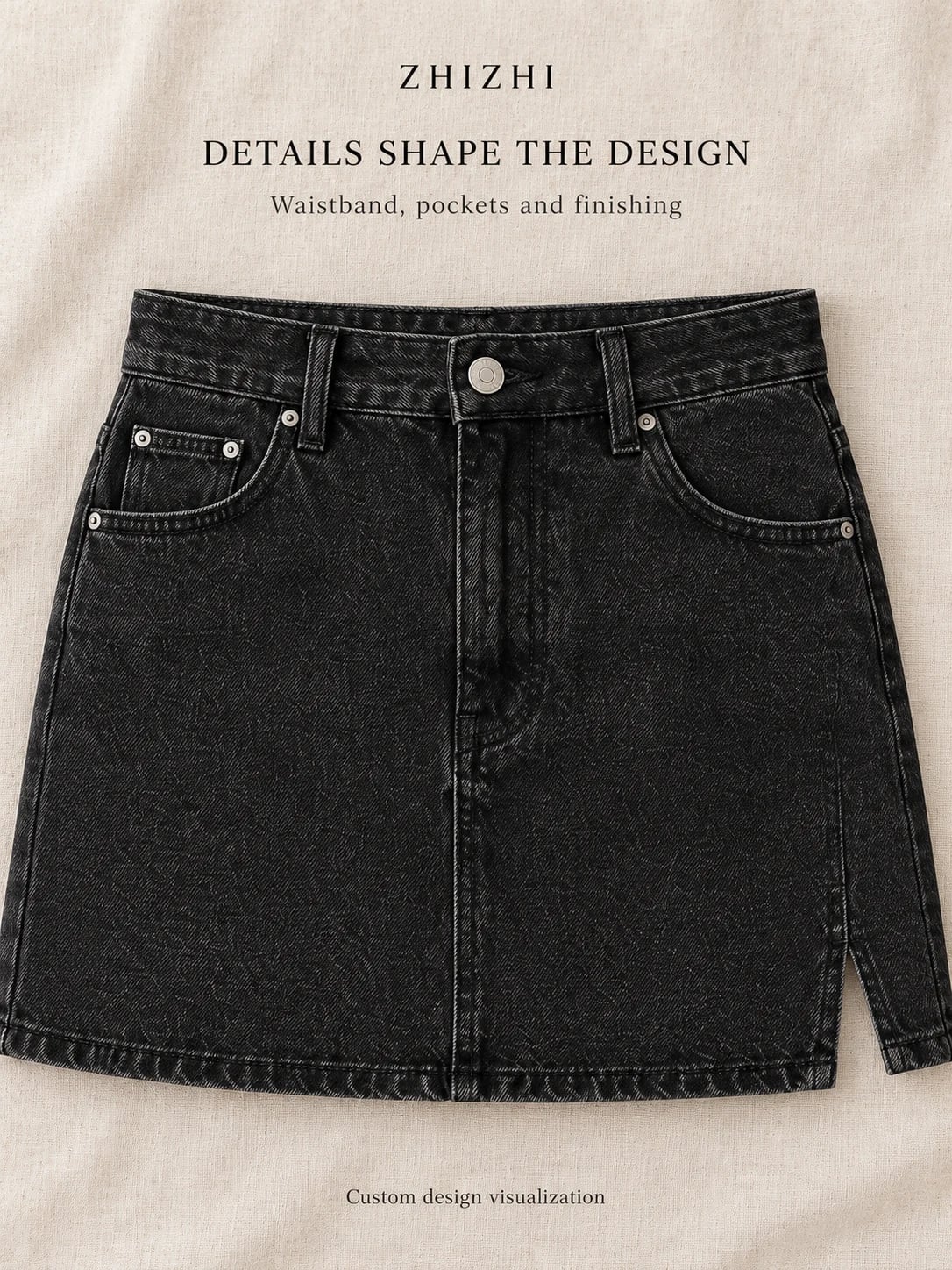 Women's Black High-Waist Slit Denim Skort for Custom Development — detail — custom design visualization