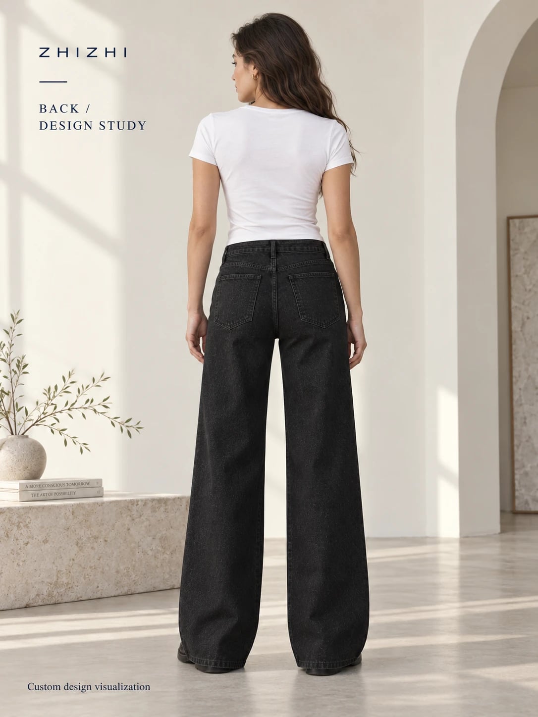Women's Black Mid-Rise Wide-Leg Jeans for Custom Development — back — custom design visualization