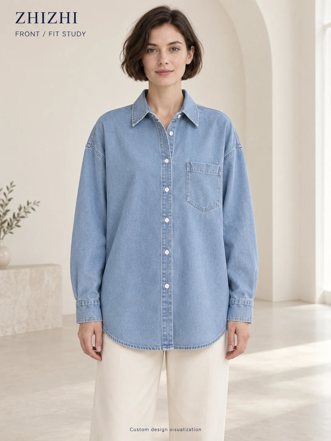 Women's Light Blue Oversized Single-Pocket Denim Shirt Development — front — custom design visualization
