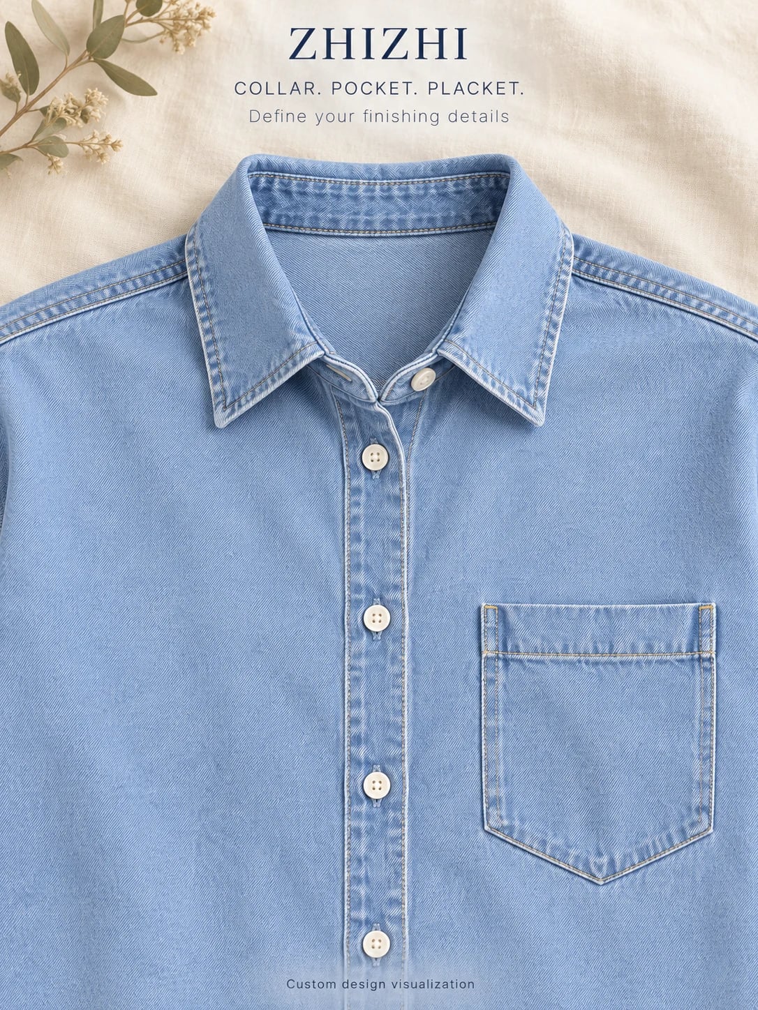 Women's Light Blue Oversized Single-Pocket Denim Shirt Development — detail — custom design visualization