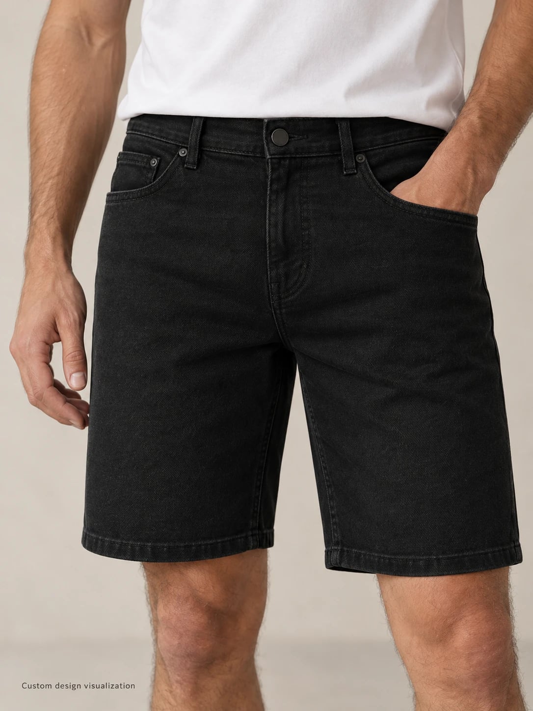 Men’s Black Relaxed Five-Pocket Denim Shorts Development — detail — custom design visualization