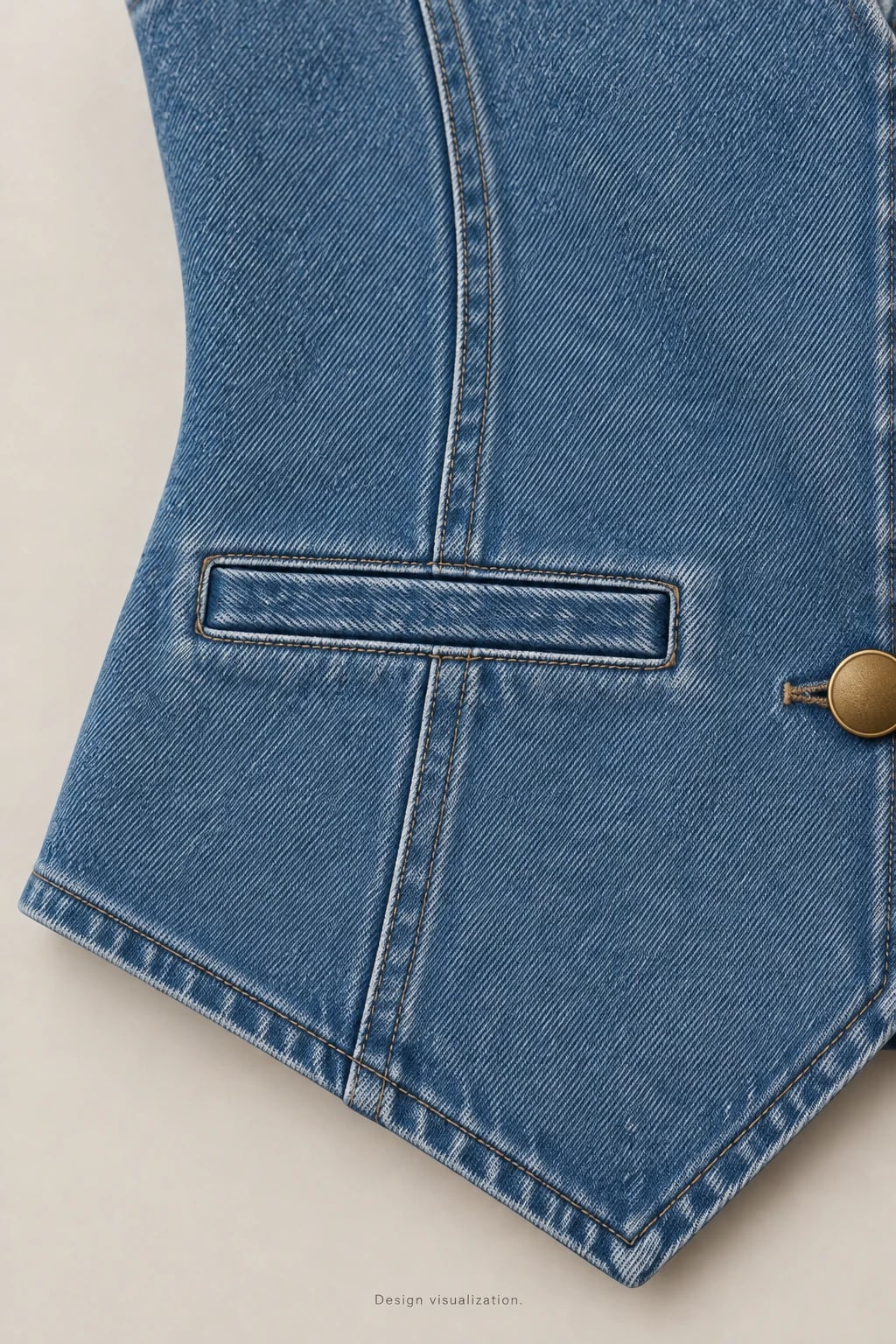 Custom Women's Blue V-Neck Fitted Denim Vest — detail — custom design visualization