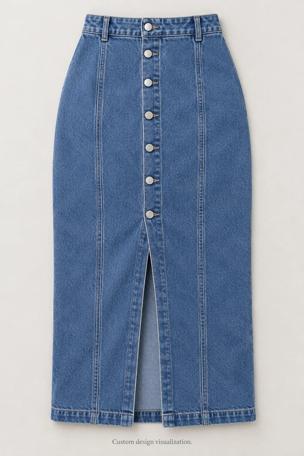 Custom Women's Blue Button-Front Denim Midi Skirt — front — custom design visualization