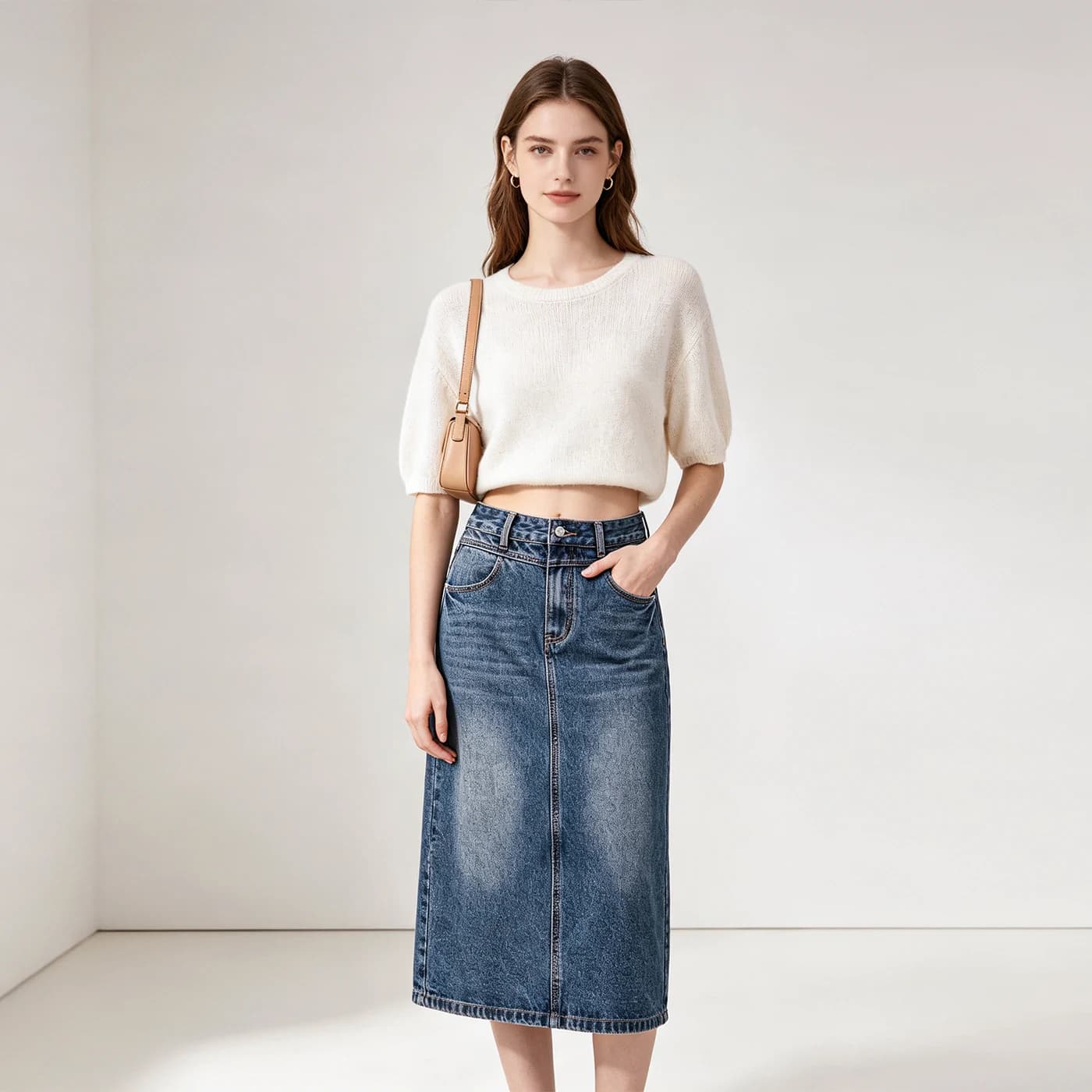 Non-Stretch Denim Cargo Midi Skirt High Waist Slim Fit Washed