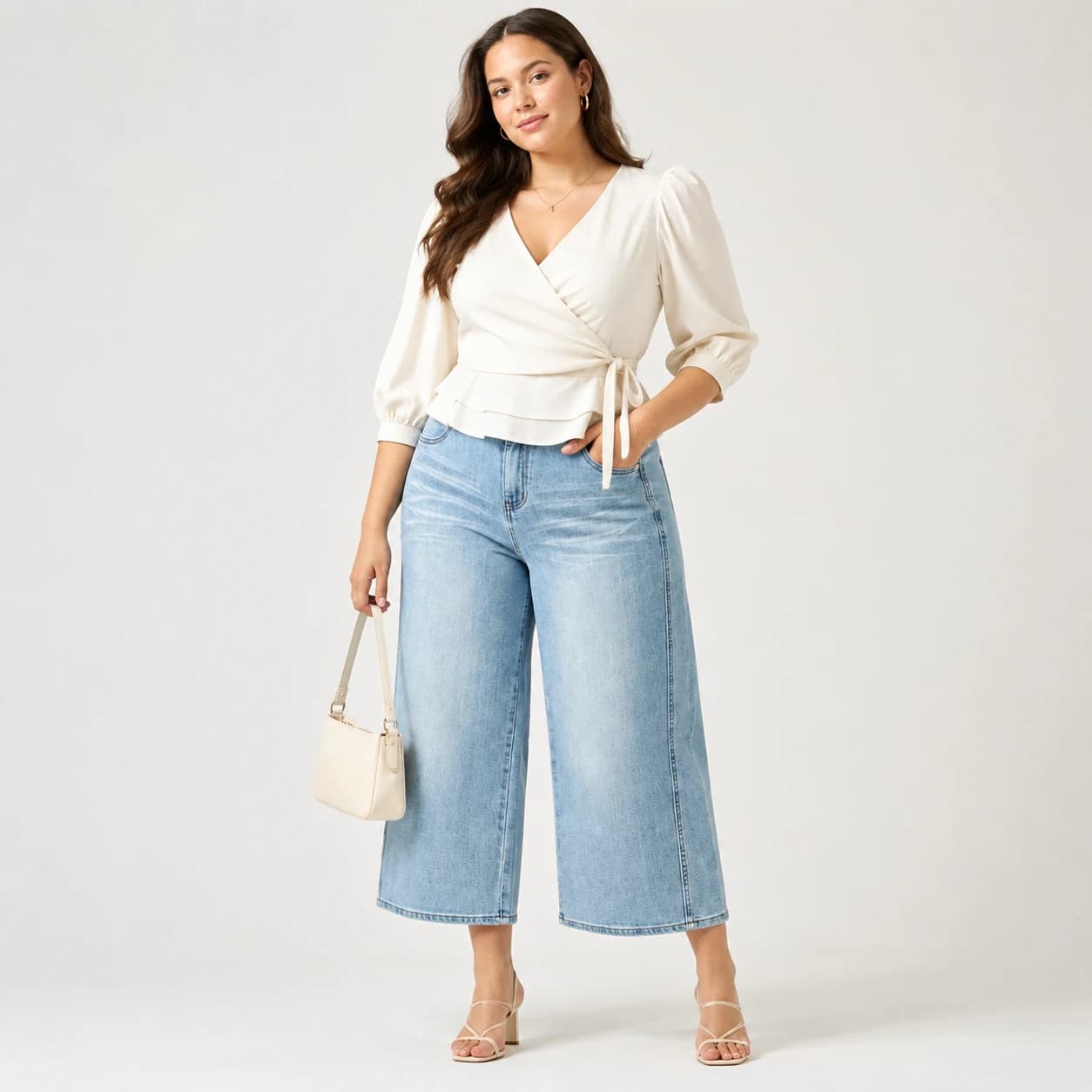 Women's Stretch Wide Leg Capri Jeans High Waist Vintage Textured Denim Pants