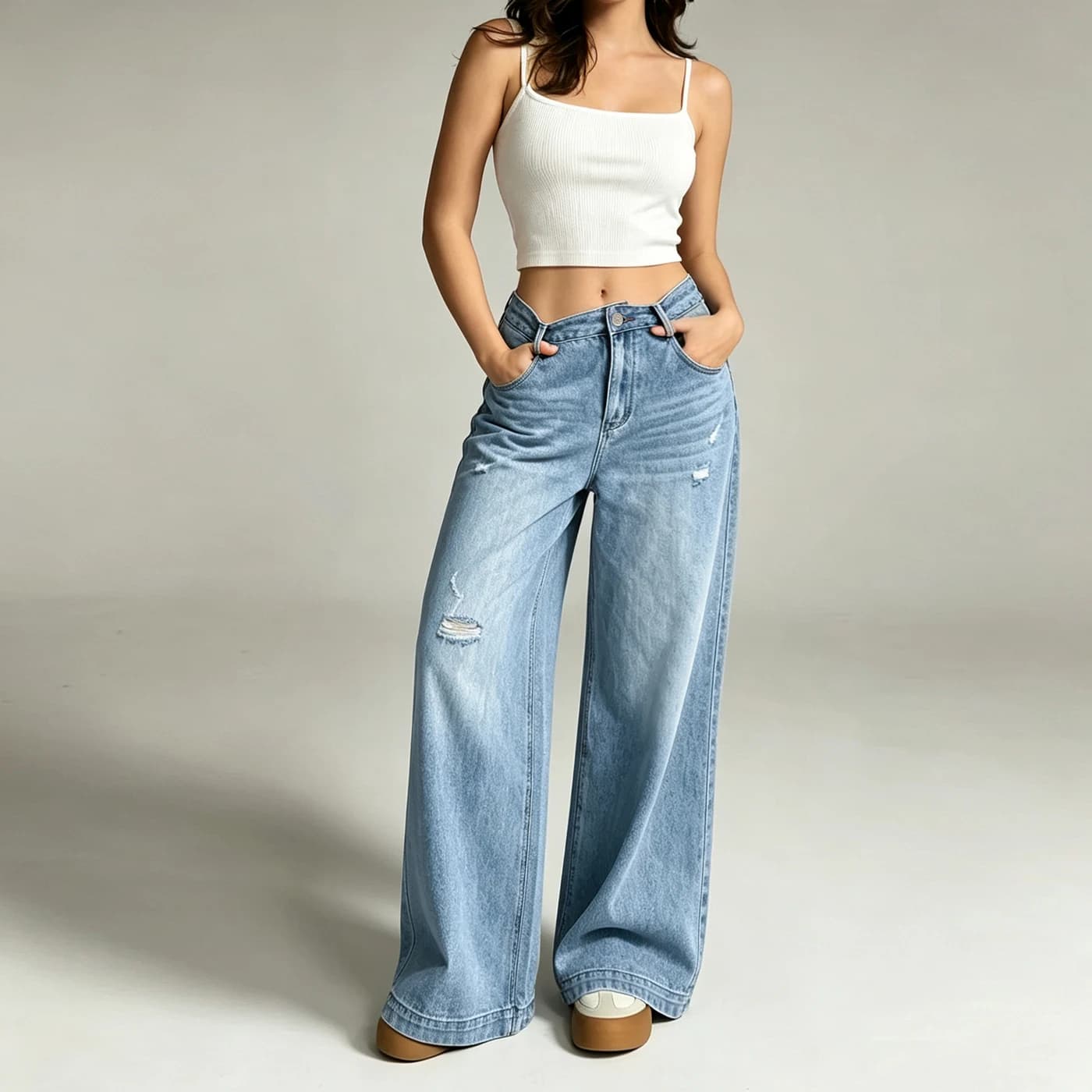 Women's Stretch High Waist Straight Jeans Light Blue Long Trousers