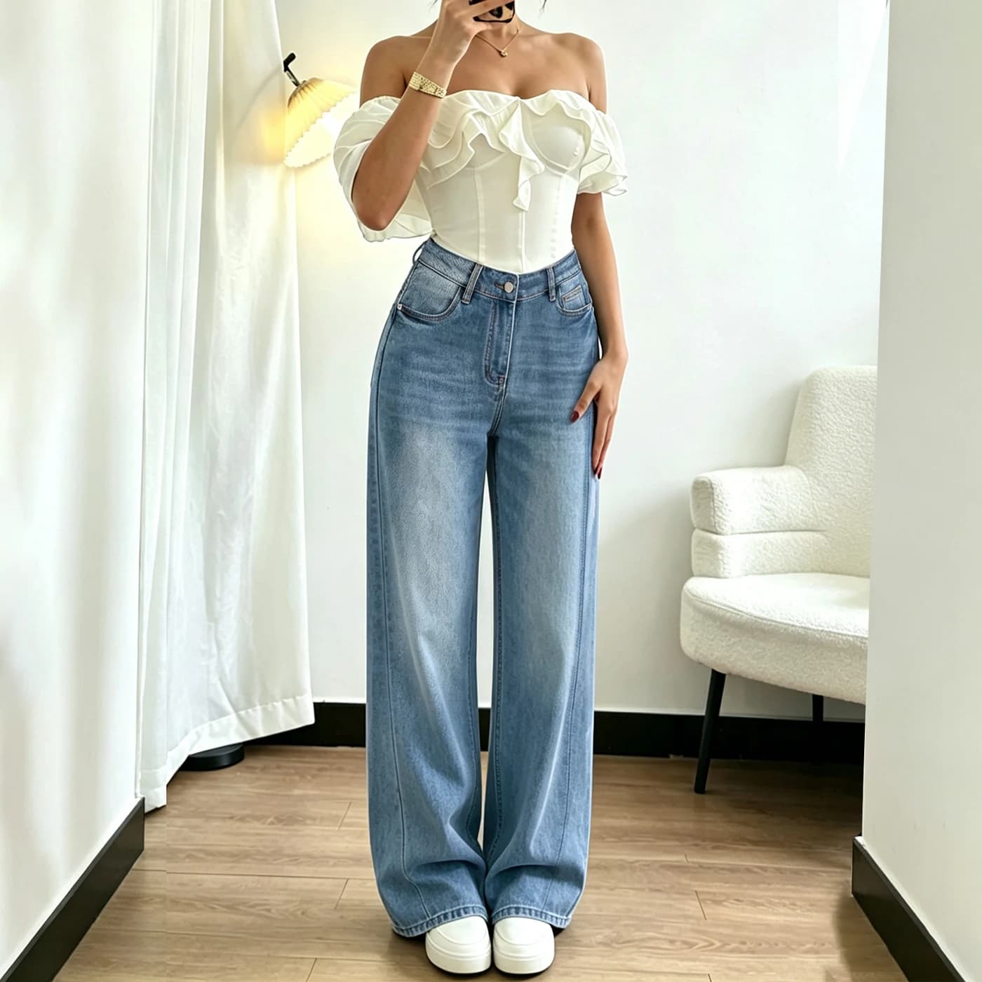 Women's Non-Stretch Wide Leg Jeans High Waist Vintage Denim Pants