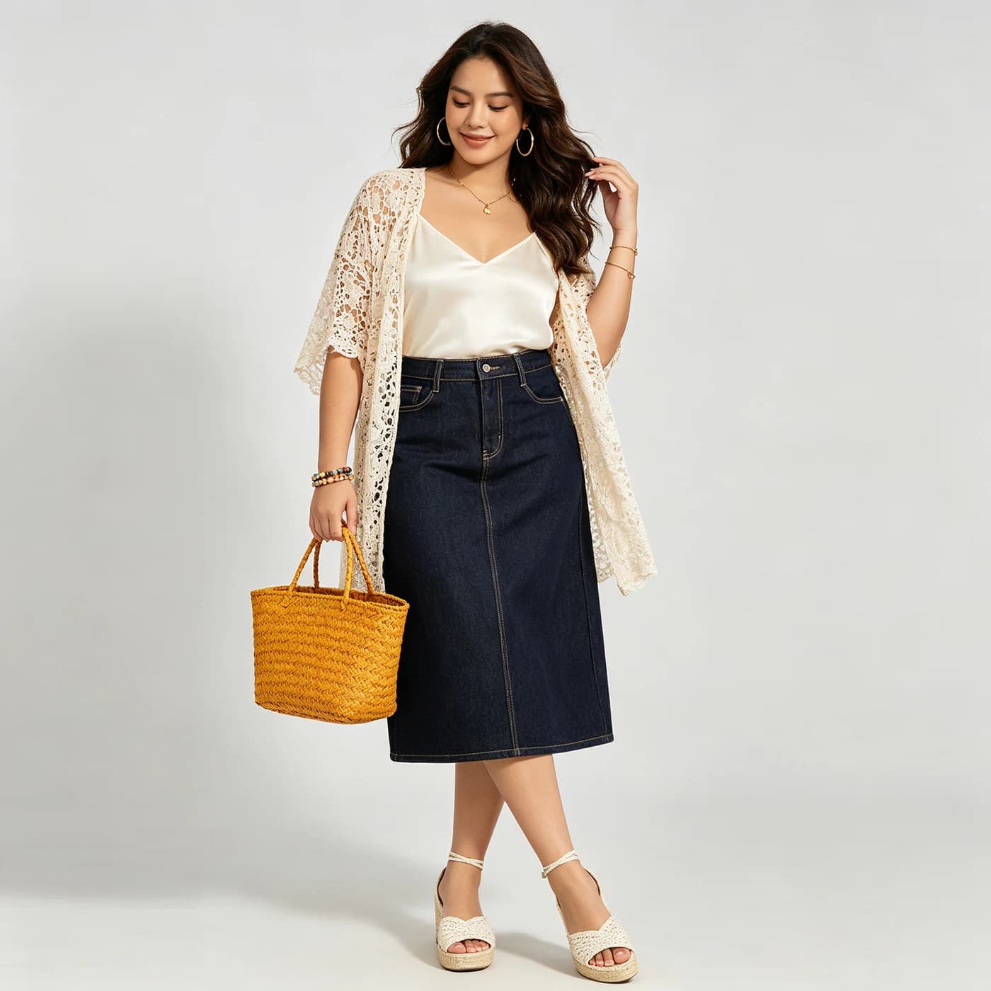 Stretch Denim Cargo Midi Skirt