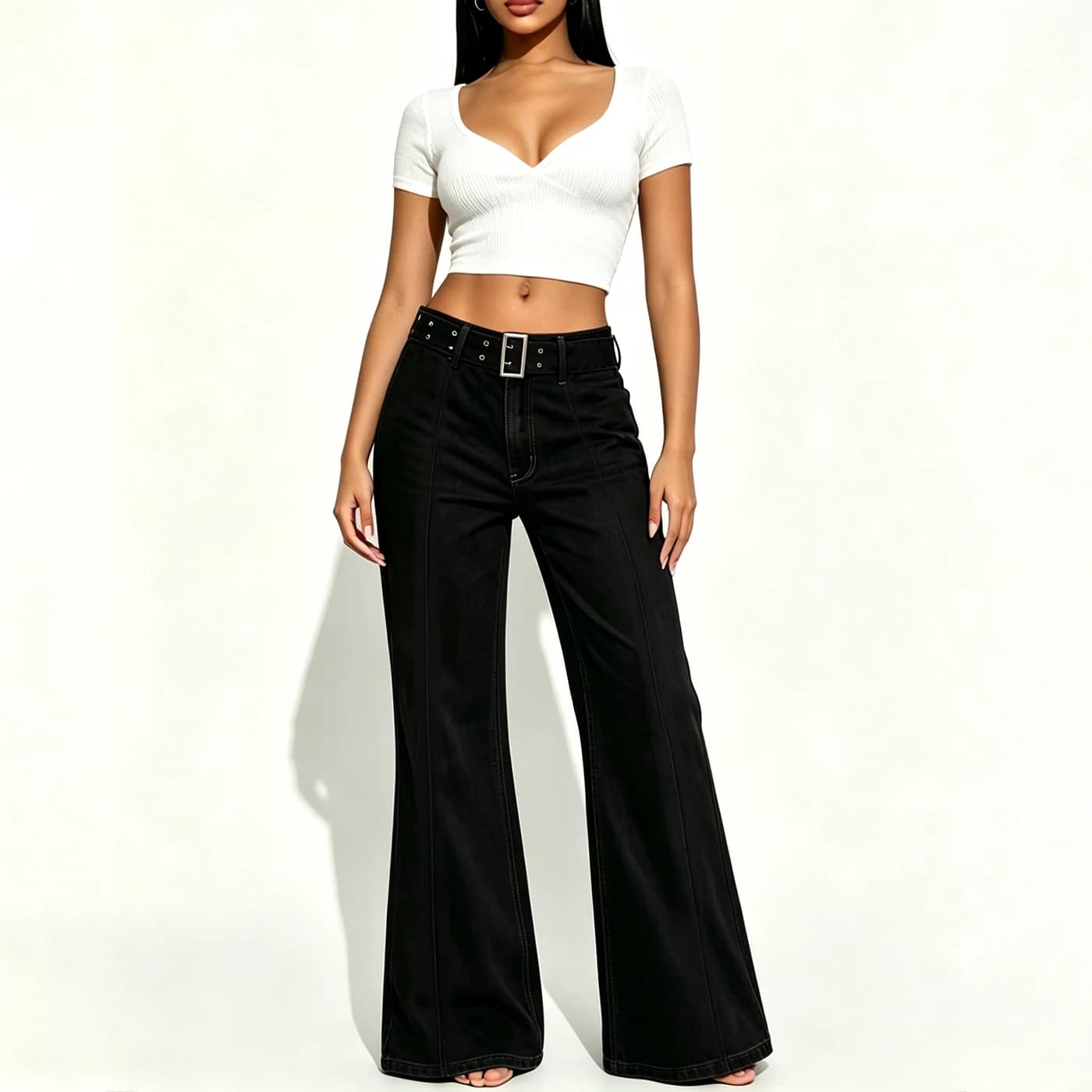 Stretch Flared Jeans High Waist Loose Denim Long Pants