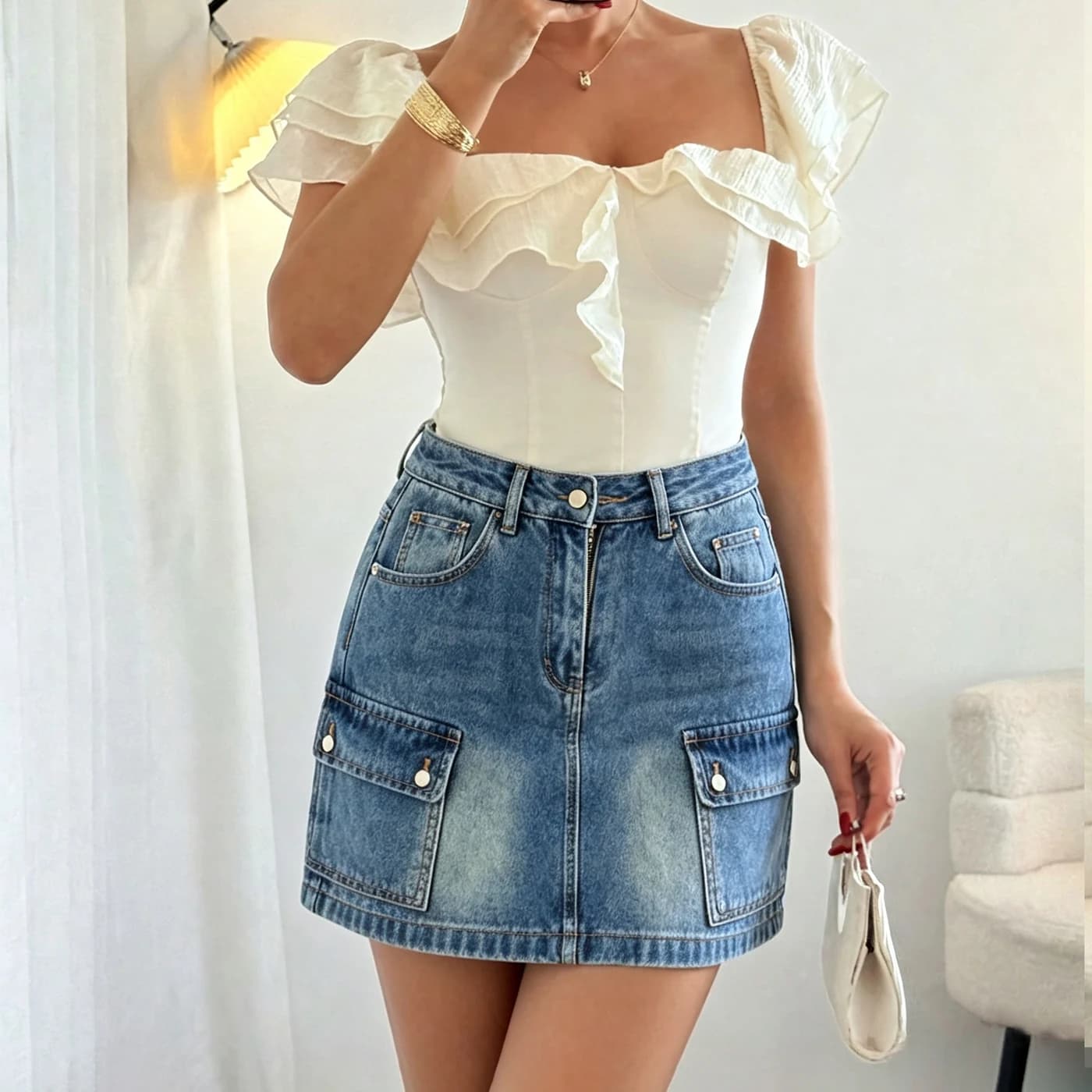 Women's Non-Stretch Denim Cargo Mini Skirt High Waist Washed Multi-Pocket