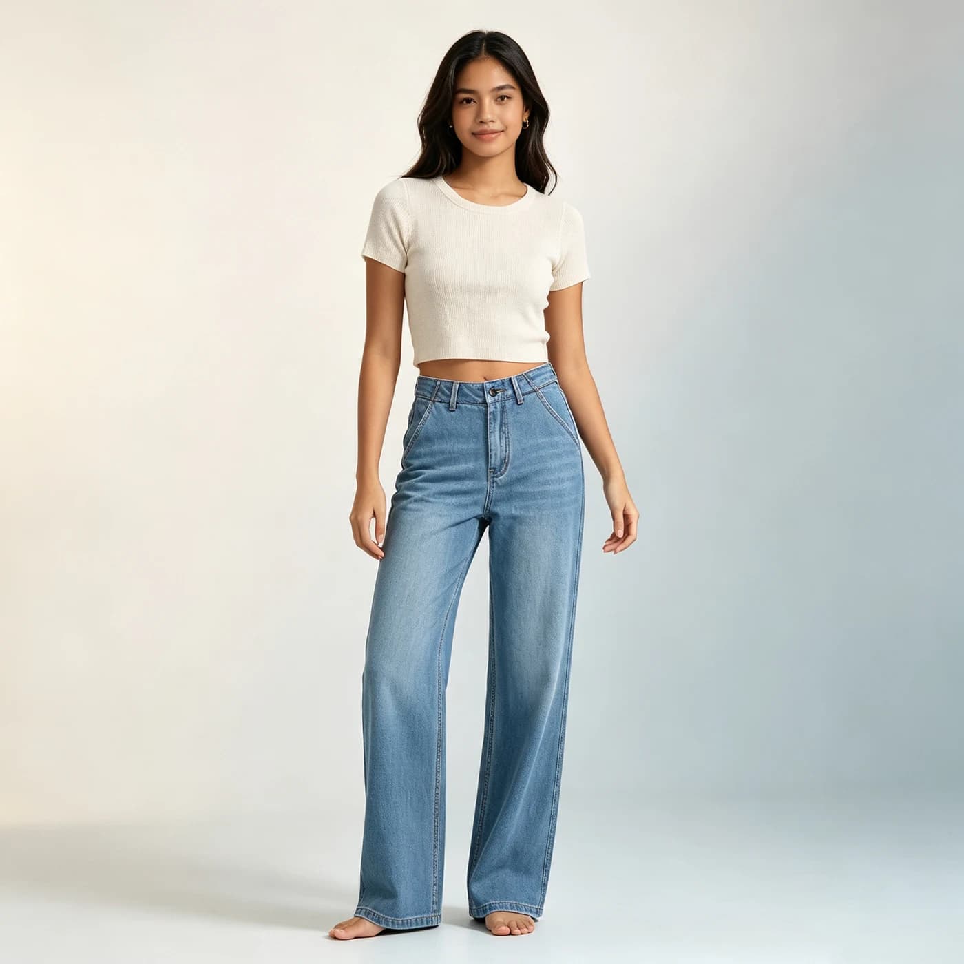 Women's Stretch Wide Leg Jeans High Waist Vintage Textured Denim Pants