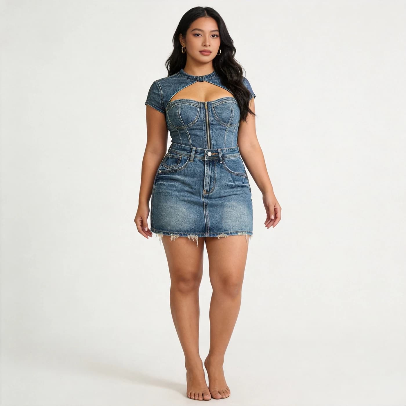 Non-Stretch Denim Cargo Mini Skirt High Waist Slim Fit Washed