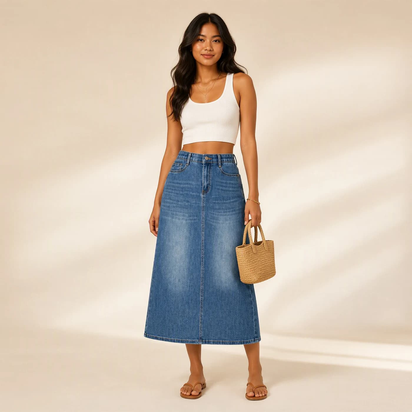 Stretch Denim Cargo Midi Skirt
