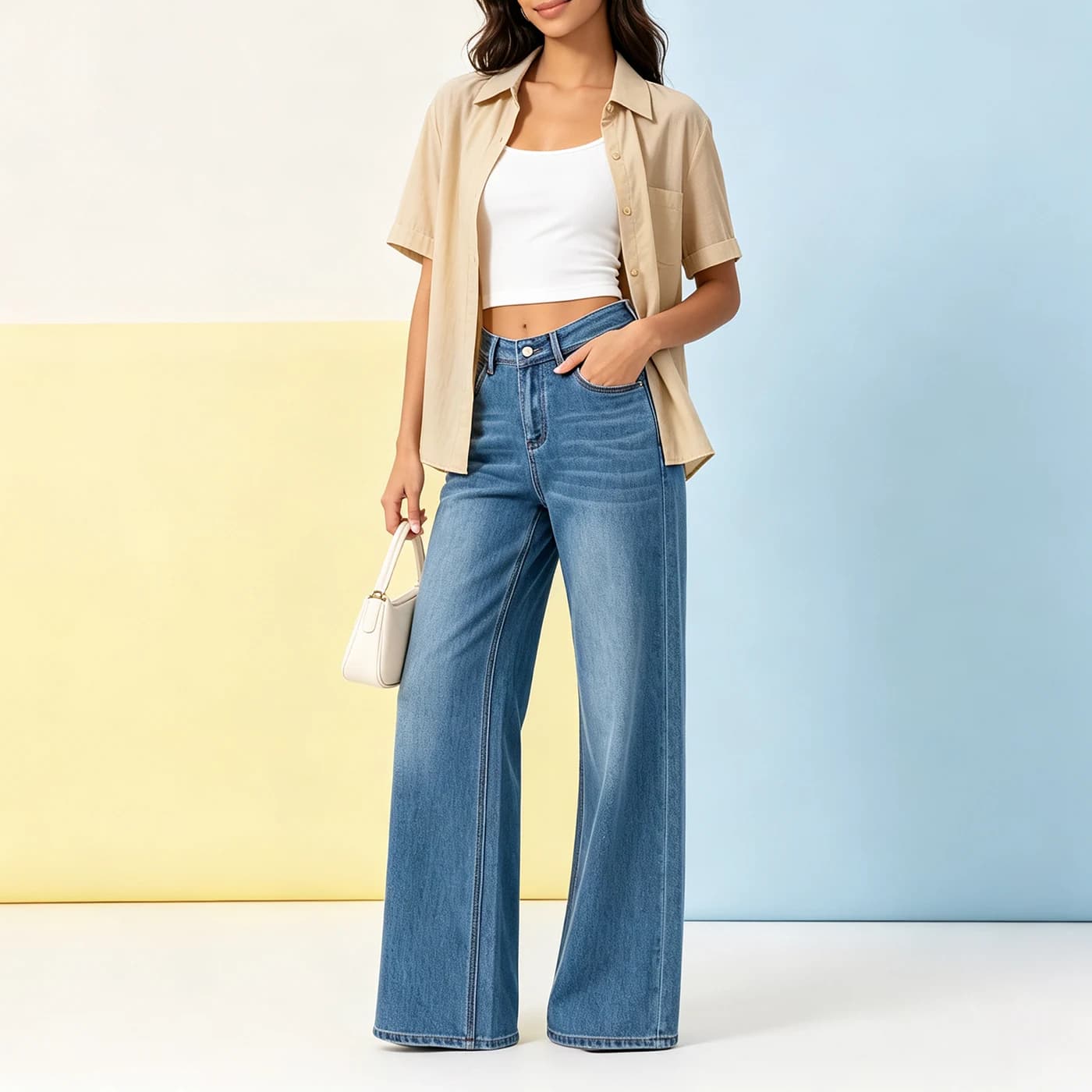 Women's Stretch Straight Leg Jeans Blue Loose Denim Pants
