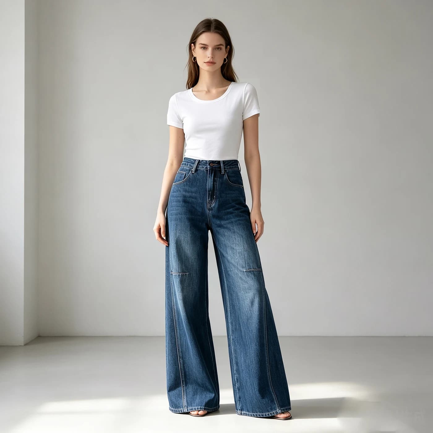 Women's Non-Stretch Wide Leg Jeans High Waist Vintage Textured Denim Pants