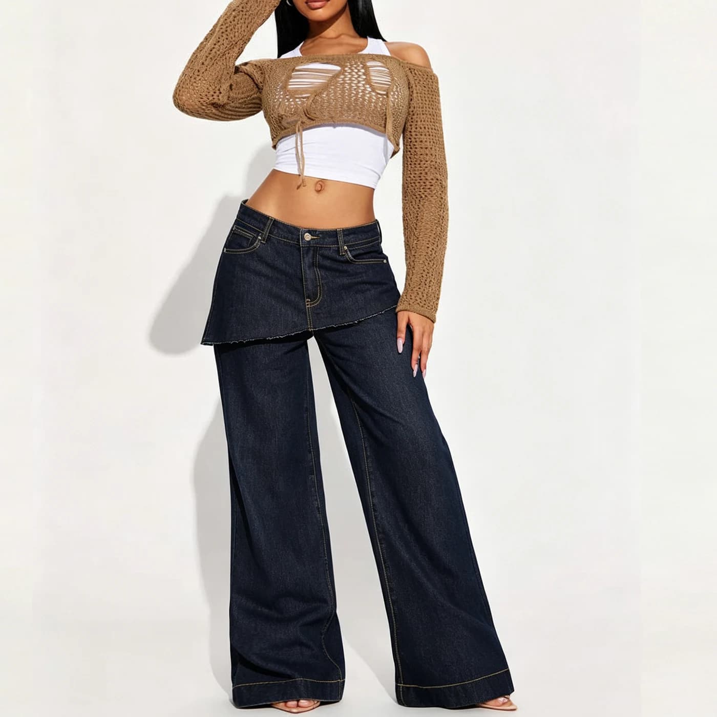 Women's Faux Two-Piece Bootcut Jeans High Waist Casual Denim Pants