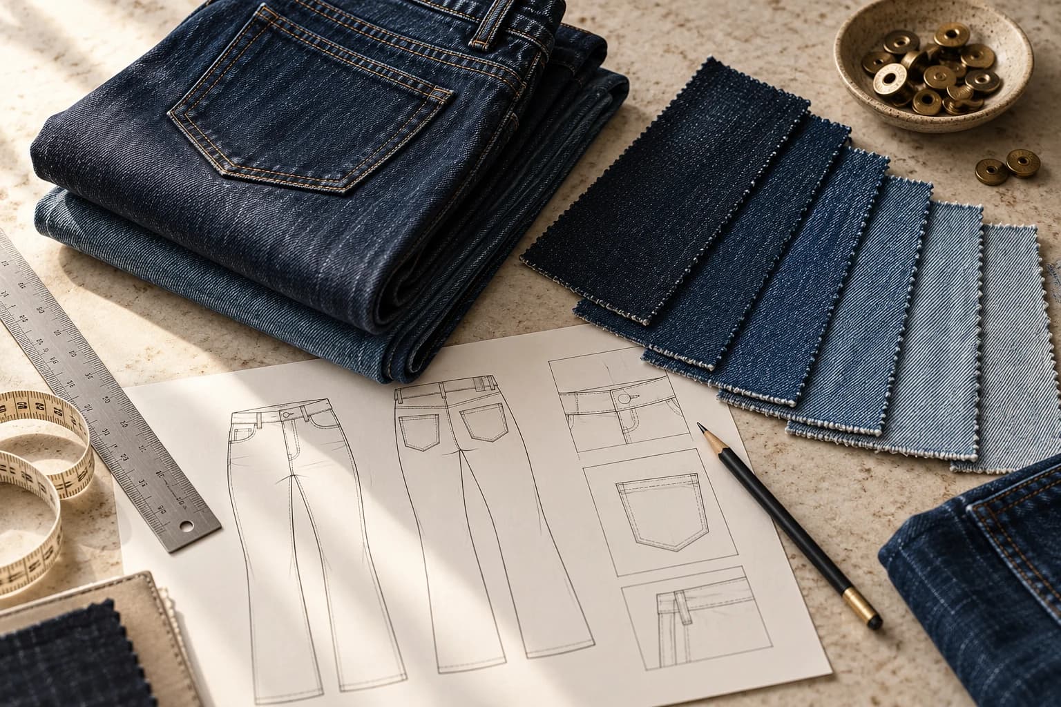 Illustrative denim sourcing desk with swatches, drawings and measuring tools