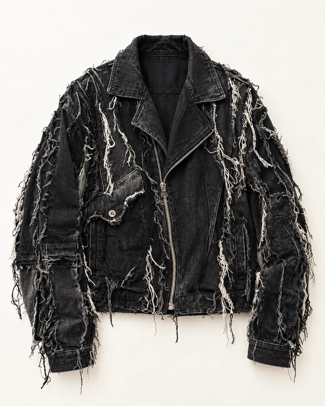 Black Frayed Denim Biker Jacket · AI custom design visualization
