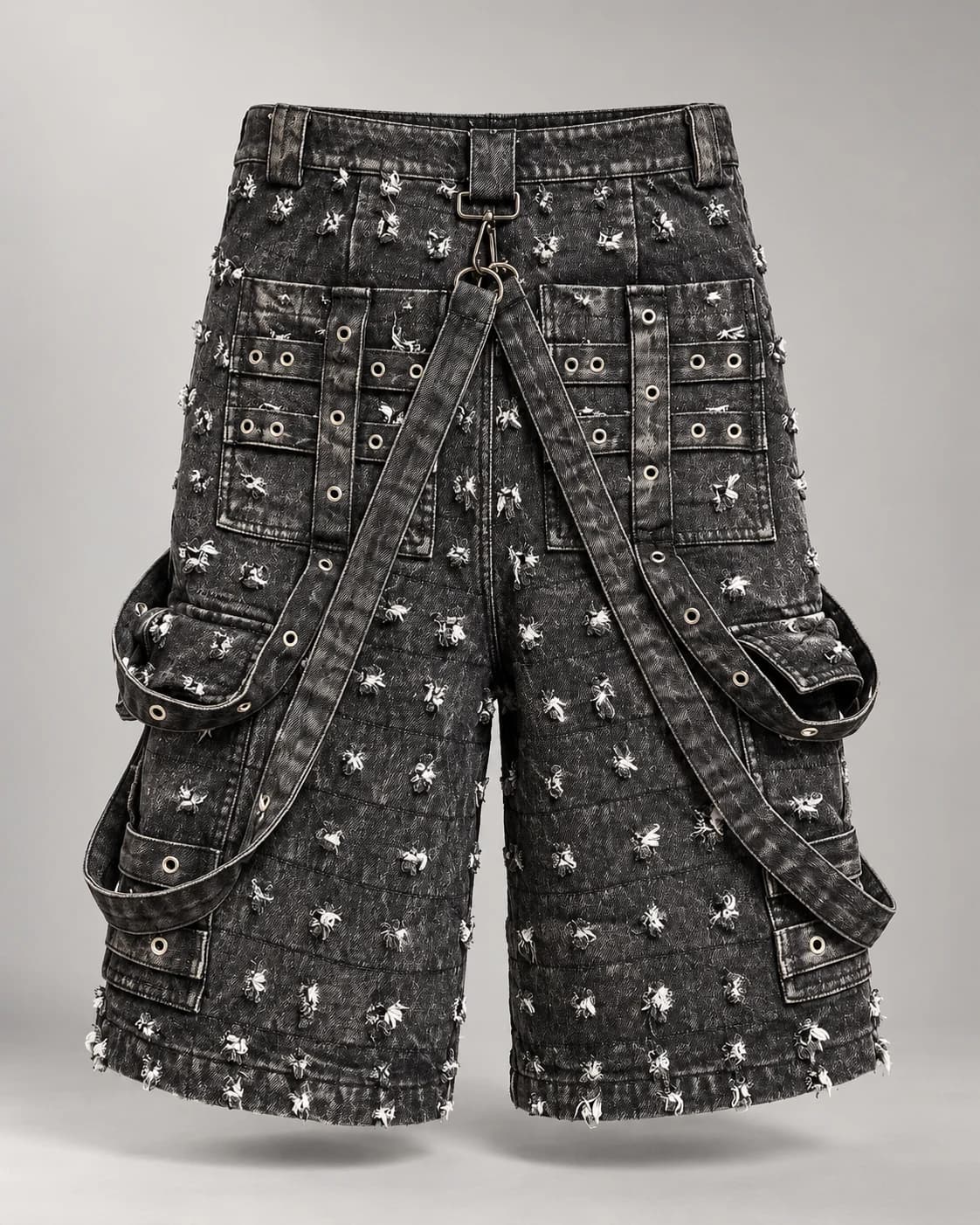 Black Grey Eyelet Strap Cargo Shorts · AI custom design visualization