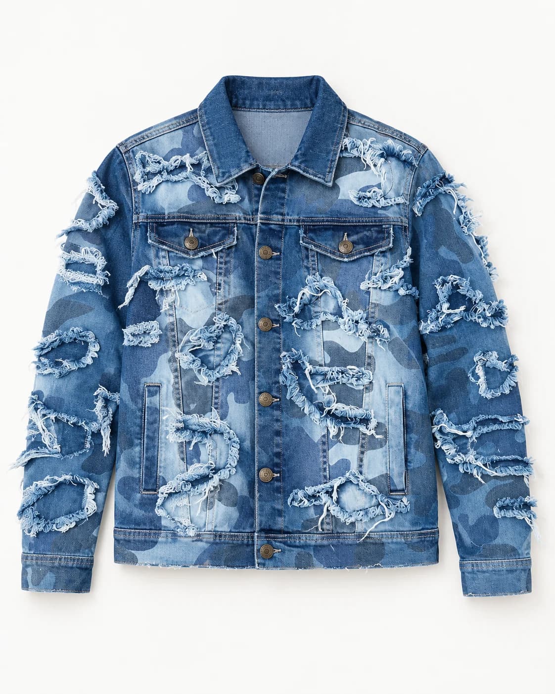 Blue Camo Frayed Patch Denim Jacket · AI custom design visualization