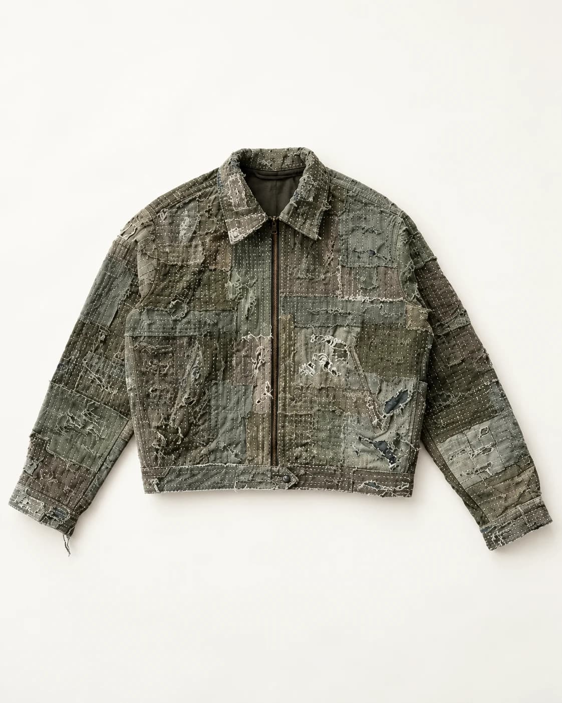 Grey Green Repair Patchwork Zip Jacket · AI custom design visualization