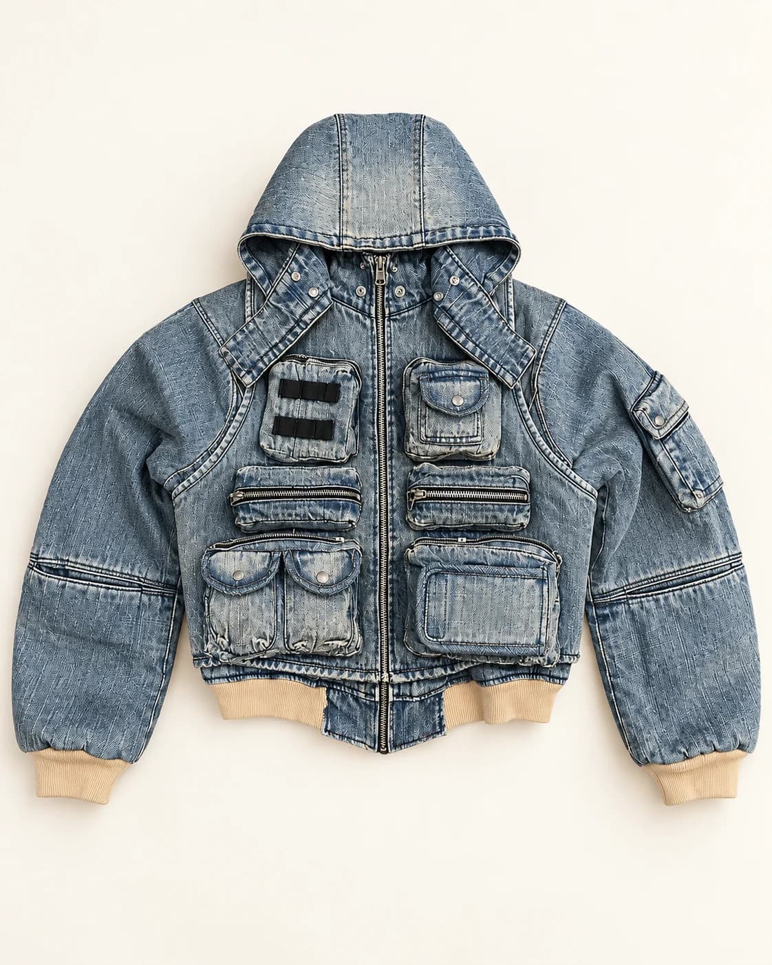 Multi-Pocket Utility Denim Hooded Jacket · AI custom design visualization