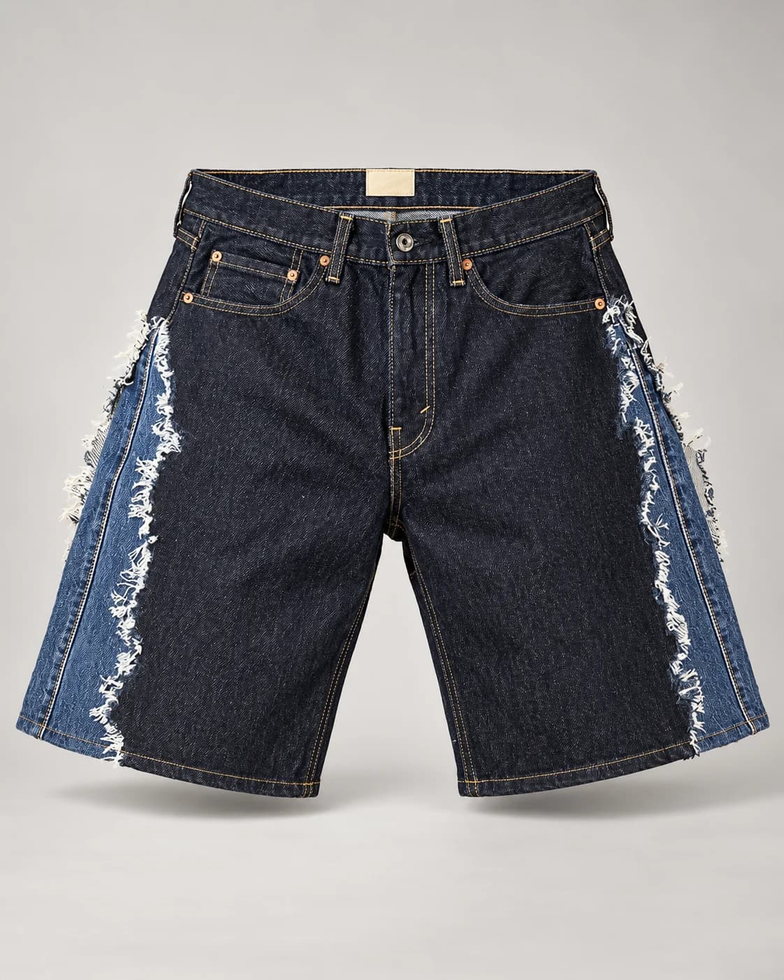 Two-Tone Blue Frayed Side Panel Shorts · AI custom design visualization
