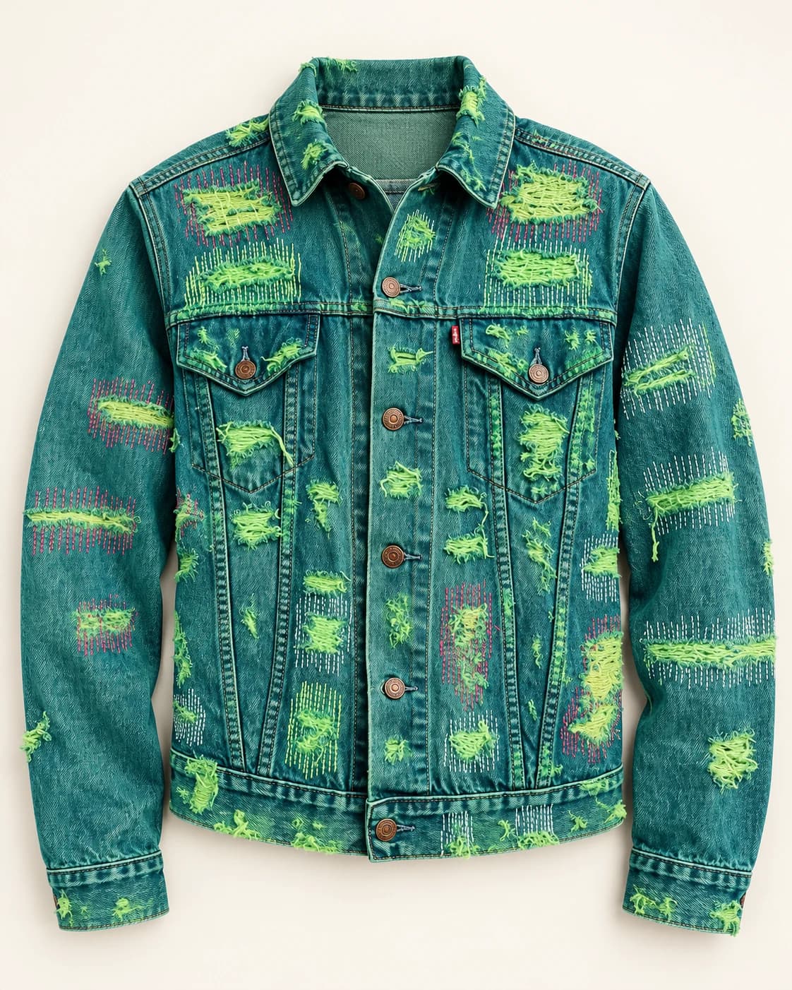 Teal Green Distressed Repair Denim Jacket · AI custom design visualization
