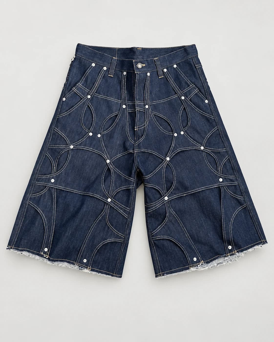 Circular-Stitch Rivet Denim Shorts · AI custom design visualization