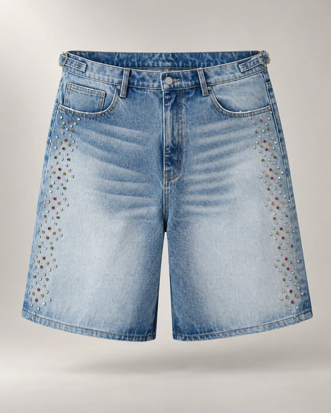 Light Blue Colorful Rivet Shorts · AI custom design visualization