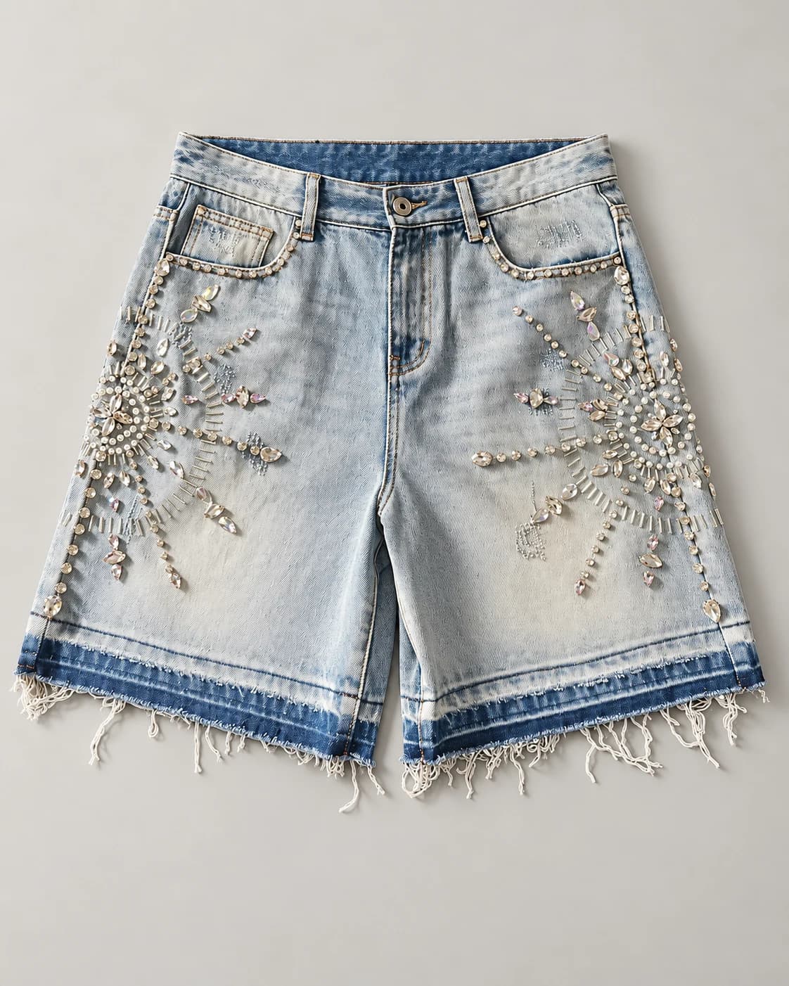 Crystal Embellished Washed Denim Shorts · AI custom design visualization