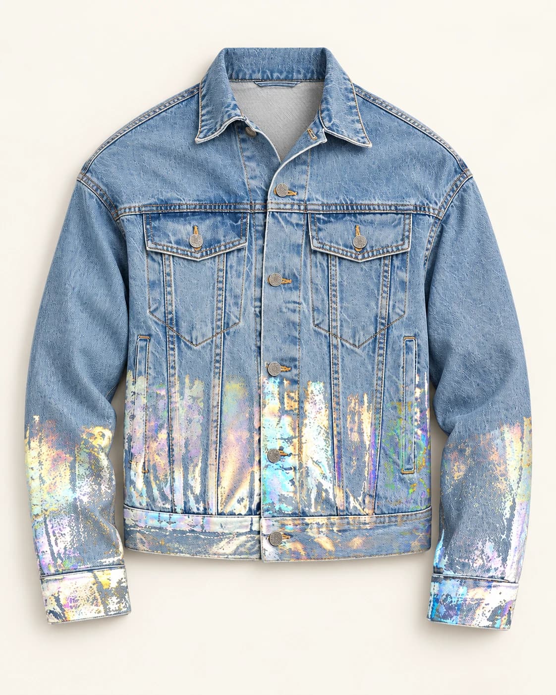 Blue Iridescent Foil Denim Jacket · AI custom design visualization