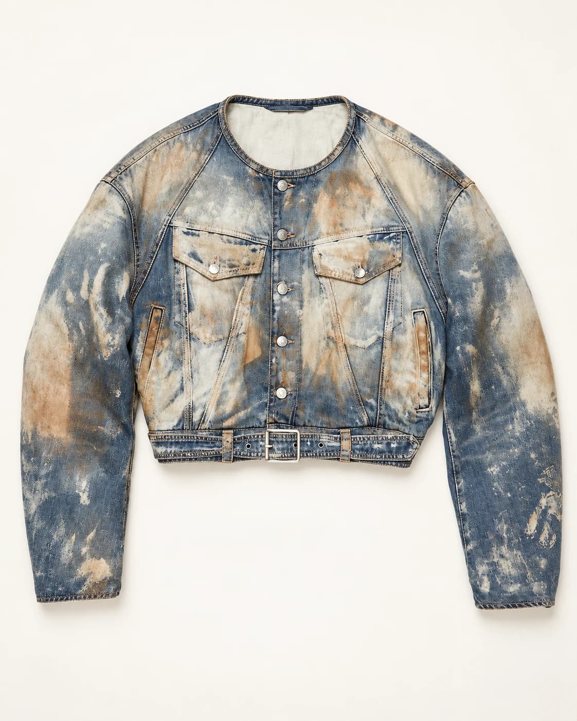 Blue Tan Paint-Washed Collarless Denim Jacket · AI custom design visualization